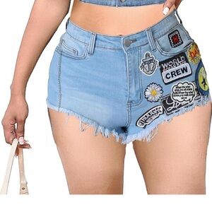 Amazon Blue Jean Shorts with Distressed Hem and Patches